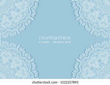 Invitation or Card template with lacе frame border, doodle line pattern, mandala element. Decorative openwork filigree art background for Wedding, Valentine's day greeting card, Birthday Invitation