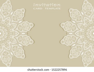 Invitation or Card template with lacе frame border, doodle line pattern, mandala element. Decorative openwork filigree art background for Wedding, Valentine's day greeting card, Birthday Invitation
