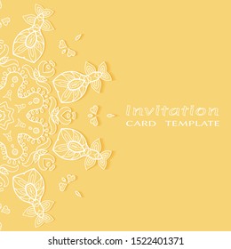 Invitation or Card template with lacе frame border, doodle line pattern, mandala element. Decorative openwork filigree art background for Wedding, Valentine's day greeting card, Birthday Invitation