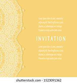 Invitation or Card template with lacе frame border, doodle line pattern, mandala element. Decorative openwork filigree art background for Wedding, Valentine's day greeting card, Birthday Invitation
