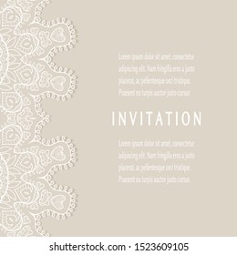 Invitation or Card template with lacе frame border, doodle line pattern, mandala element. Decorative openwork filigree art background for Wedding, Valentine's day greeting card, Birthday Invitation