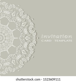 Invitation or Card template with lacе frame border, doodle line pattern, mandala element. Decorative openwork filigree art background for Wedding, Valentine's day greeting card, Birthday Invitation