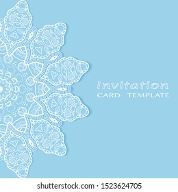 Invitation or Card template with lacе frame border, doodle line pattern, mandala element. Decorative openwork filigree art background for Wedding, Valentine's day greeting card, Birthday Invitation