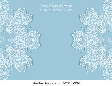 Invitation or Card template with lacе frame border, doodle line pattern, mandala element. Decorative openwork filigree art background for Wedding, Valentine's day greeting card, Birthday Invitation
