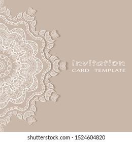 Invitation or Card template with lacе frame border, doodle line pattern, mandala element. Decorative openwork filigree art background for Wedding, Valentine's day greeting card, Birthday Invitation