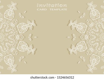 Invitation or Card template with lacе frame border, doodle line pattern, mandala element. Decorative openwork filigree art background for Wedding, Valentine's day greeting card, Birthday Invitation