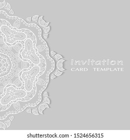 Invitation or Card template with lacе frame border, doodle line pattern, mandala element. Decorative openwork filigree art background for Wedding, Valentine's day greeting card, Birthday Invitation