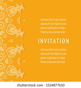 Invitation or Card template with lacе frame border, doodle line pattern, mandala element. Decorative openwork filigree art background for Wedding, Valentine's day greeting card, Birthday Invitation