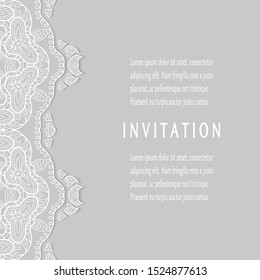 Invitation or Card template with lacе frame border, doodle line pattern, mandala element. Decorative openwork filigree art background for Wedding, Valentine's day greeting card, Birthday Invitation