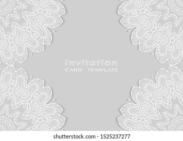 Invitation or Card template with lacе frame border, doodle line pattern, mandala element. Decorative openwork filigree art background for Wedding, Valentine's day greeting card, Birthday Invitation