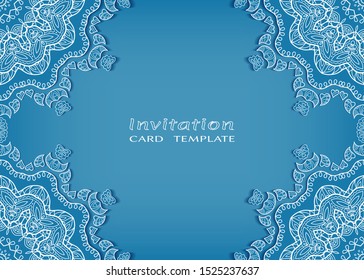 Invitation or Card template with lacе frame border, doodle line pattern, mandala element. Decorative openwork filigree art background for Wedding, Valentine's day greeting card, Birthday Invitation