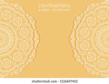 Invitation or Card template with lacе frame border, doodle line pattern, mandala element. Decorative openwork filigree art background for Wedding, Valentine's day greeting card, Birthday Invitation