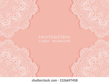Invitation or Card template with lacе frame border, doodle line pattern, mandala element. Decorative openwork filigree art background for Wedding, Valentine's day greeting card, Birthday Invitation