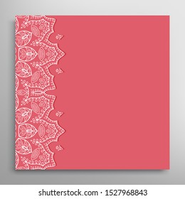 Invitation or Card template with lacе frame border, doodle line pattern, mandala element. Decorative openwork filigree art background for Wedding, Valentine's day greeting card, Birthday Invitation