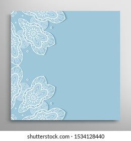 Invitation or Card template with lacе frame border, doodle line pattern, mandala element. Decorative openwork filigree art background for Wedding, Valentine's day greeting card, Birthday Invitation
