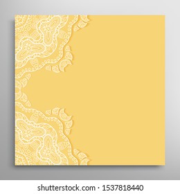 Invitation or Card template with lacе frame border, doodle line pattern, mandala element. Decorative openwork filigree art background for Wedding, Valentine's day greeting card, Birthday Invitation