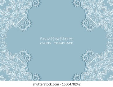 Invitation or Card template with lacе frame border, doodle line pattern, mandala element. Decorative openwork filigree art background for Wedding, Valentine's day greeting card, Birthday Invitation