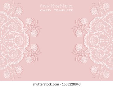 Invitation or Card template with lacе frame border, doodle line pattern, mandala element. Decorative openwork filigree art background for Wedding, Valentine's day greeting card, Birthday Invitation