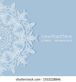 Invitation or Card template with lacе frame border, doodle line pattern, mandala element. Decorative openwork filigree art background for Wedding, Valentine's day greeting card, Birthday Invitation