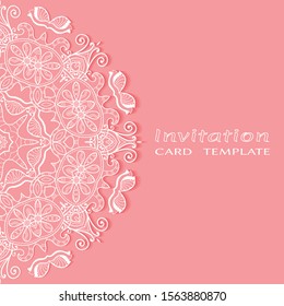 Invitation or Card template with lacе frame border, doodle line pattern, mandala element. Decorative openwork filigree art background for Wedding, Valentine's day greeting card, Birthday Invitation