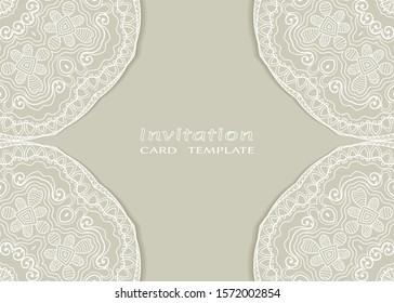 Invitation or Card template with lacе frame border, doodle line pattern, mandala element. Decorative openwork filigree art background for Wedding, Valentine's day greeting card, Birthday Invitation