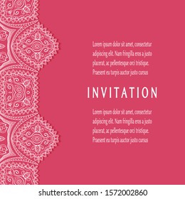 Invitation or Card template with lacе frame border, doodle line pattern, mandala element. Decorative openwork filigree art background for Wedding, Valentine's day greeting card, Birthday Invitation