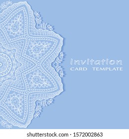 Invitation or Card template with lacе frame border, doodle line pattern, mandala element. Decorative openwork filigree art background for Wedding, Valentine's day greeting card, Birthday Invitation