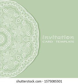 Invitation or Card template with lacе frame border, doodle line pattern, mandala element. Decorative openwork filigree art background for Wedding, Valentine's day greeting card, Birthday Invitation