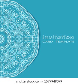 Invitation or Card template with lacе frame border, doodle line pattern, mandala element. Decorative openwork filigree art background for Wedding, Valentine's day greeting card, Birthday Invitation