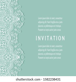 Invitation or Card template with lacе frame border, doodle line pattern, mandala element. Decorative openwork filigree art background for Wedding, Valentine's day greeting card, Birthday Invitation
