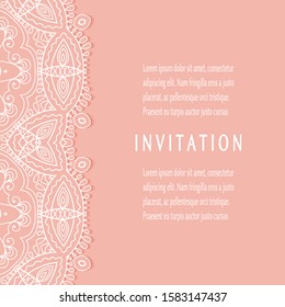 Invitation or Card template with lacе frame border, doodle line pattern, mandala element. Decorative openwork filigree art background for Wedding, Valentine's day greeting card, Birthday Invitation