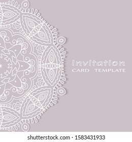 Invitation or Card template with lacе frame border, doodle line pattern, mandala element. Decorative openwork filigree art background for Wedding, Valentine's day greeting card, Birthday Invitation