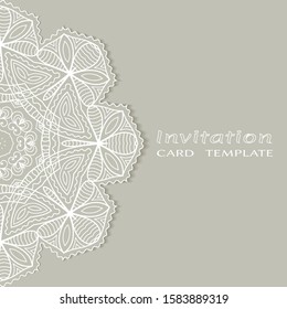 Invitation or Card template with lacе frame border, doodle line pattern, mandala element. Decorative openwork filigree art background for Wedding, Valentine's day greeting card, Birthday Invitation