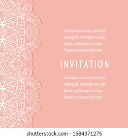 Invitation or Card template with lacе frame border, doodle line pattern, mandala element. Decorative openwork filigree art background for Wedding, Valentine's day greeting card, Birthday Invitation