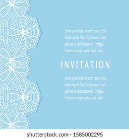 Invitation or Card template with lacе frame border, doodle line pattern, mandala element. Decorative openwork filigree art background for Wedding, Valentine's day greeting card, Birthday Invitation