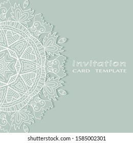 Invitation or Card template with lacе frame border, doodle line pattern, mandala element. Decorative openwork filigree art background for Wedding, Valentine's day greeting card, Birthday Invitation