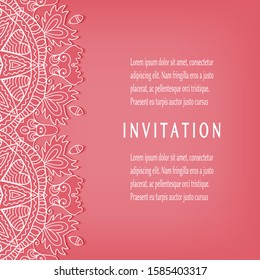 Invitation or Card template with lacе frame border, doodle line pattern, mandala element. Decorative openwork filigree art background for Wedding, Valentine's day greeting card, Birthday Invitation