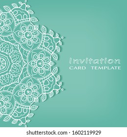 Invitation or Card template with lacе frame border, doodle line pattern, mandala element. Decorative openwork filigree art background for Wedding, Valentine's day greeting card, Birthday Invitation