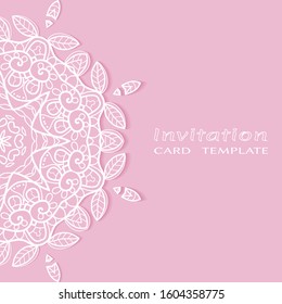 Invitation or Card template with lacе frame border, doodle line pattern, mandala element. Decorative openwork filigree art background for Wedding, Valentine's day greeting card, Birthday Invitation
