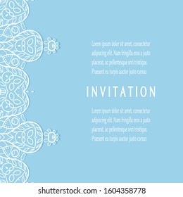 Invitation or Card template with lacе frame border, doodle line pattern, mandala element. Decorative openwork filigree art background for Wedding, Valentine's day greeting card, Birthday Invitation