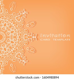 Invitation or Card template with lacе frame border, doodle line pattern, mandala element. Decorative openwork filigree art background for Wedding, Valentine's day greeting card, Birthday Invitation
