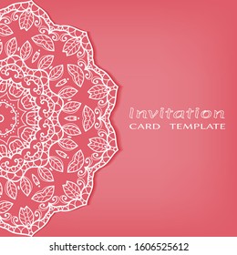 Invitation or Card template with lacе frame border, doodle line pattern, mandala element. Decorative openwork filigree art background for Wedding, Valentine's day greeting card, Birthday Invitation