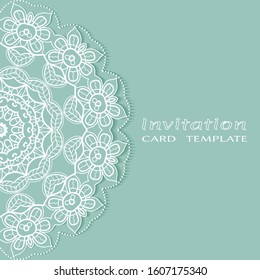 Invitation or Card template with lacе frame border, doodle line pattern, mandala element. Decorative openwork filigree art background for Wedding, Valentine's day greeting card, Birthday Invitation