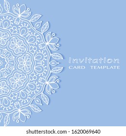 Invitation or Card template with lacе frame border, doodle line pattern, mandala element. Decorative openwork filigree art background for Wedding, Valentine's day greeting card, Birthday Invitation