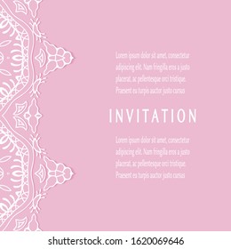 Invitation or Card template with lacе frame border, doodle line pattern, mandala element. Decorative openwork filigree art background for Wedding, Valentine's day greeting card, Birthday Invitation