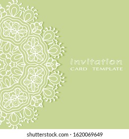 Invitation or Card template with lacе frame border, doodle line pattern, mandala element. Decorative openwork filigree art background for Wedding, Valentine's day greeting card, Birthday Invitation