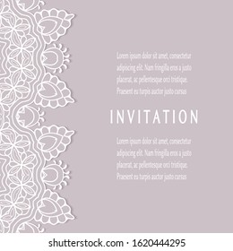 Invitation or Card template with lacе frame border, doodle line pattern, mandala element. Decorative openwork filigree art background for Wedding, Valentine's day greeting card, Birthday Invitation