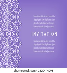 Invitation or Card template with lacе frame border, doodle line pattern, mandala element. Decorative openwork filigree art background for Wedding, Valentine's day greeting card, Birthday Invitation