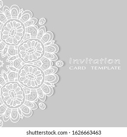 Invitation or Card template with lacе frame border, doodle line pattern, mandala element. Decorative openwork filigree art background for Wedding, Valentine's day greeting card, Birthday Invitation
