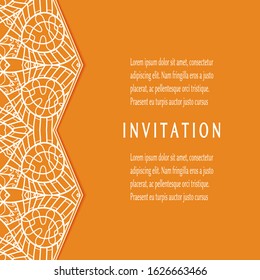 Invitation or Card template with lacе frame border, doodle line pattern, mandala element. Decorative openwork filigree art background for Wedding, Valentine's day greeting card, Birthday Invitation